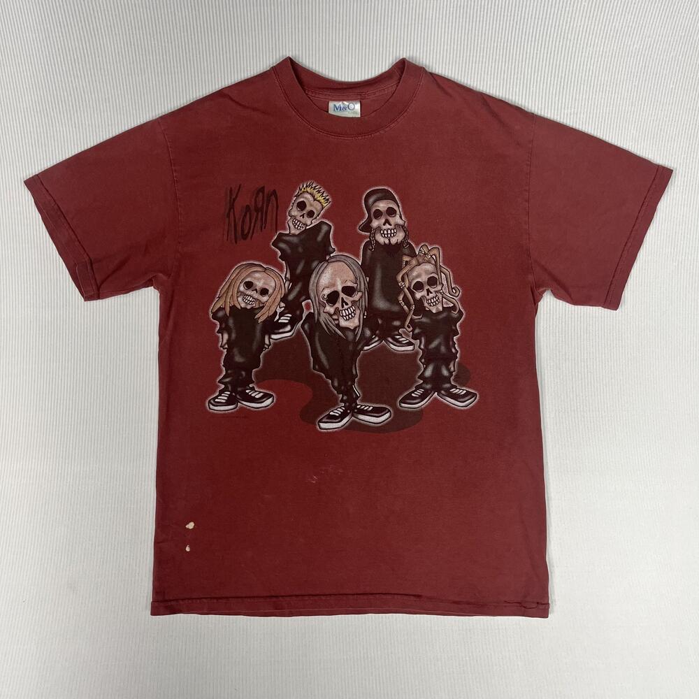 M&O Knits Shirt Mens Medium Red Korn Skull Band Graphic Tee Rock Music Cartoon